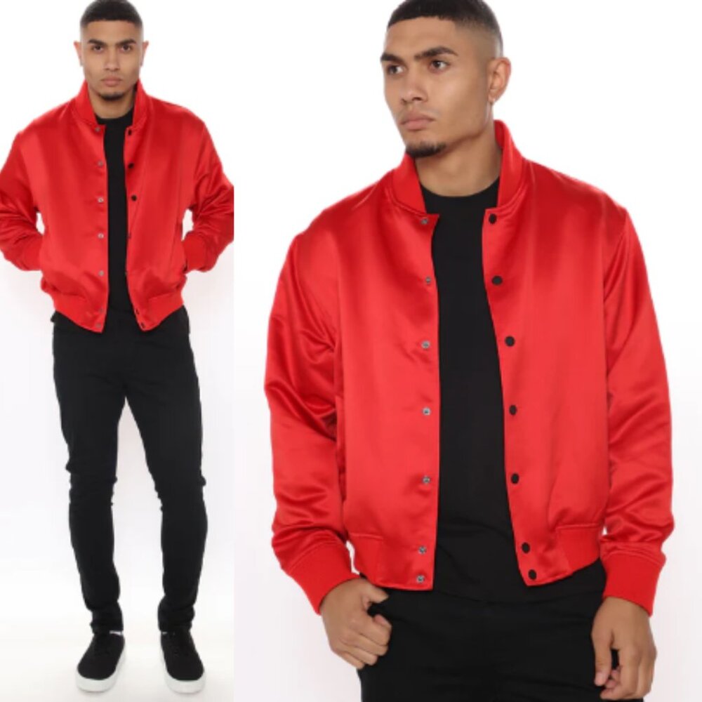 💜 LAST CHANCE Fashion Nova NOVAMEN Red Satin Snap Front Bomber Jacket